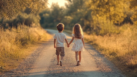 Little boy and girl walking on the road in the countryside at sunsetの写真素材