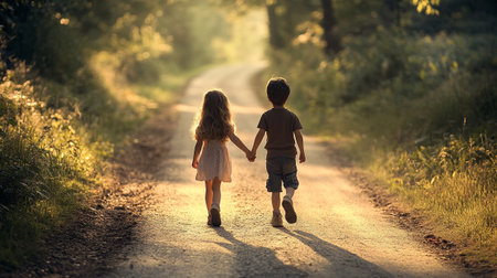 Little boy and girl holding hands and walking on the road at sunsetの写真素材