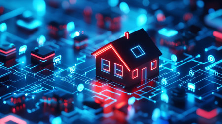3d rendering of a house on a circuit board in blue lightの写真素材
