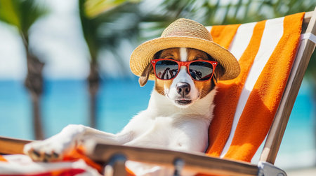 Jack russell dog relaxing in deck chair with sunglasses and hat on the beach