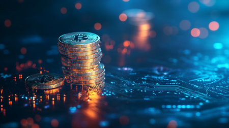 Stack of gold coins with circuit board background. Cryptocurrency concept.