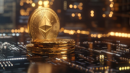 golden ethereum coin on the background of the night city. 3d illustration