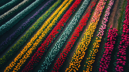 Colorful tulip field in spring season. Aerial view of colorful tulip fields in the Netherlands.