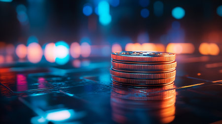 Stack of gold coins on dark background. Business and finance concept.の写真素材