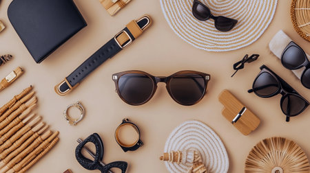 Flat lay composition with women's accessories on beige background.の写真素材