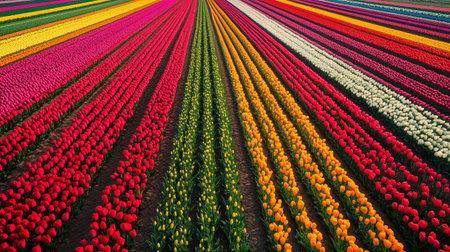 Tulip fields in the Netherlands. Aerial view of colorful tulip fields in spring.の写真素材