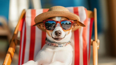 jack russell terrier dog in sunglasses and straw hat on the beach chair