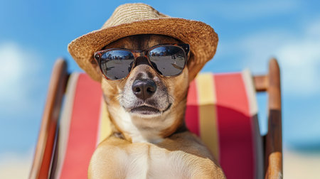 Portrait of a dog wearing a straw hat and sunglasses sitting in a deck chairの写真素材