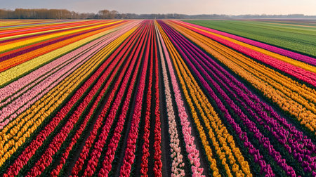 Aerial view of colorful tulip field in Holland during springtimeの写真素材