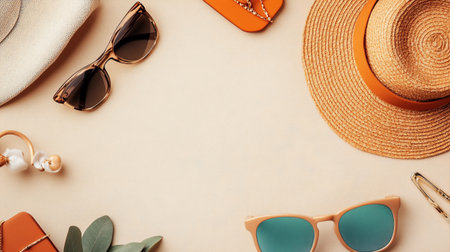 Top view of beach accessories on beige background with copy space.の写真素材