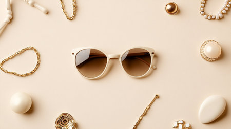 Stylish sunglasses and accessories on beige background. Flat lay, top view.の写真素材
