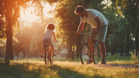 Father teaching his daughter to ride a bicycle in the park at sunset.