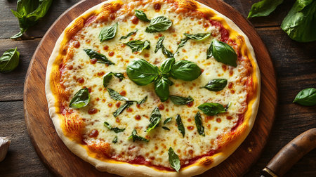 Pizza with mozzarella and basil on wooden table, top viewの写真素材
