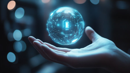 Businessman on blurred background using digital holographic projection 3D rendering