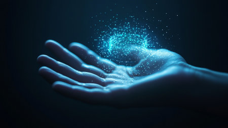 3D rendering of a hologram of a human hand on a dark background