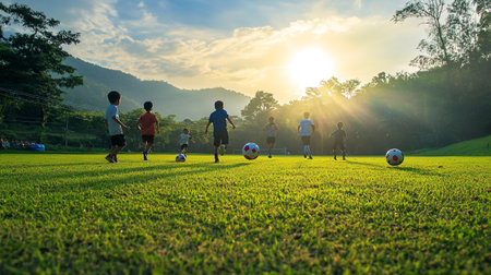 group of children playing soccer and having fun on the field at sunsetの写真素材