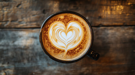 Cup of coffee latte art on wooden table, stock photoの写真素材