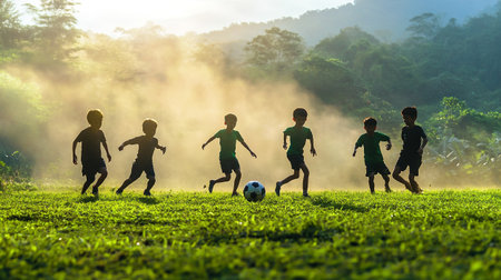 Silhouette of children playing soccer on the field in the morningの写真素材