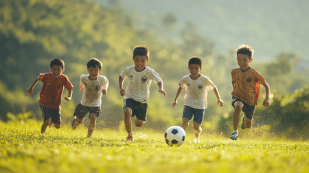 Group of asian children playing football in the field at sunset timeの写真素材