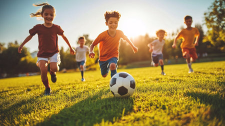 Group of children playing soccer on the field. Kids having fun outdoors.の写真素材