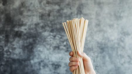 Bunch of wooden chopsticks in female hand on gray background.の写真素材