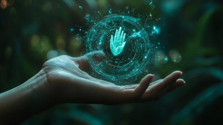 Hand on blurred background using digital 3D rendering hand palm touching screenの写真素材