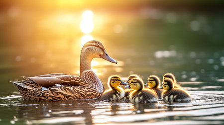 Mother duck with ducklings on the lake at sunset. Beautiful nature background