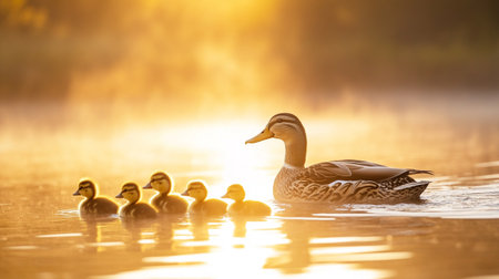 Mallard duck with ducklings on a lake at sunrise.の写真素材