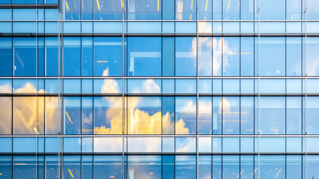 Reflection of clouds in windows of modern office building. Business background