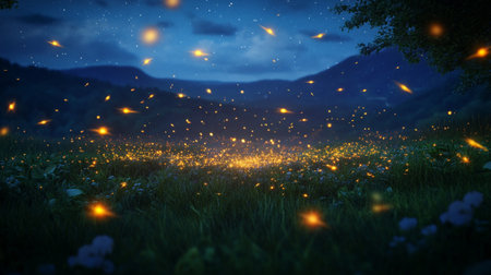 Fantastic fantasy landscape. Fairy lights on meadow at nightの写真素材