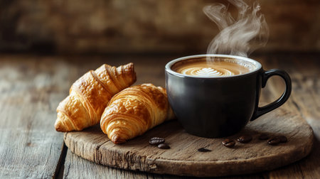 Coffee cup and croissants on a wooden background.の写真素材