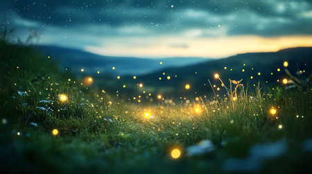 Meadow with fireflies and bokeh lights at night
