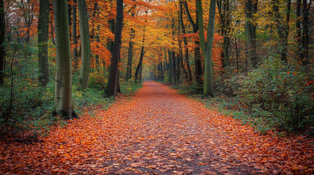 Autumnal forest with colorful leaves on the ground and a path