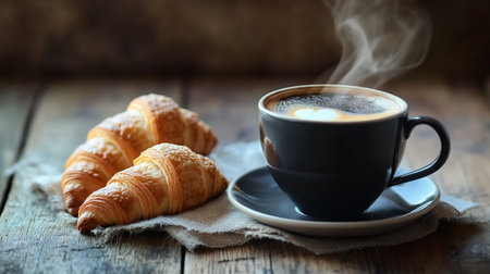 Coffee cup and croissants on a wooden table.の写真素材