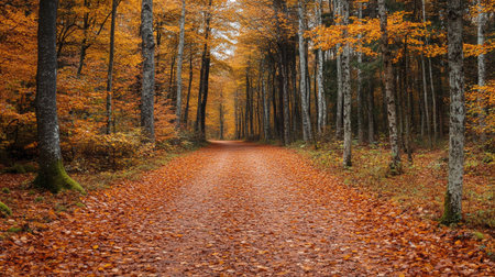 Autumn landscape with road in the forest. Beautiful autumn forest.
