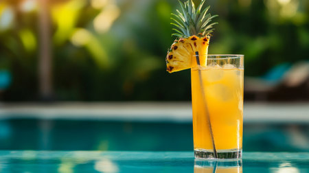 Pineapple cocktail in a glass on the background of the poolの写真素材