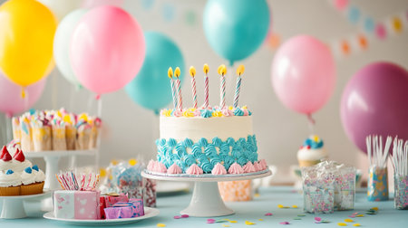 Birthday cake with candles and balloons on light blue table, closeup