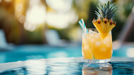 Pineapple cocktail in a glass on the background of the pool