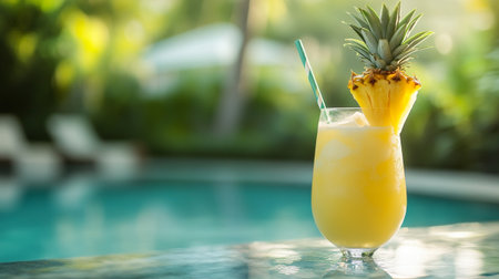 Pineapple smoothie on swimming pool with bokeh background