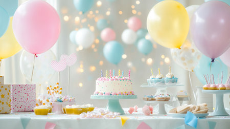 Birthday cake with candles and colorful balloons on white table at partyの写真素材
