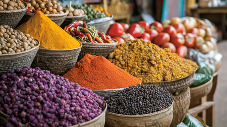 Variety of spices and herbs on a market stall in India.