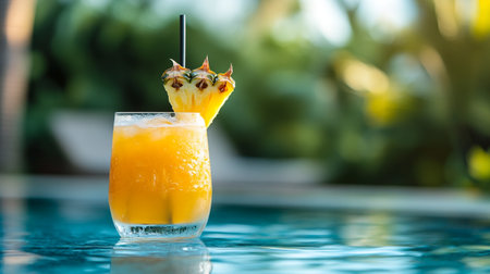Pineapple smoothie glass on swimming pool in hotel resort - Filter Processingの写真素材