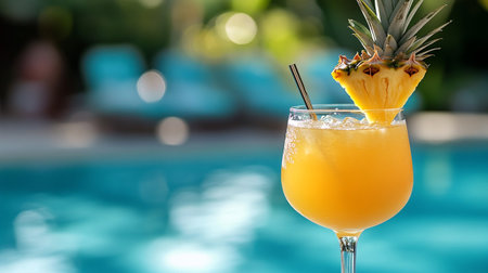 Pina colada cocktail with pineapple on swimming pool background, closeup