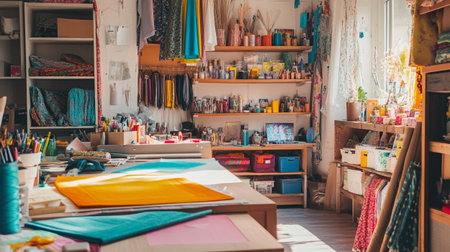 Sewing studio with lots of colorful cloths and fabric.