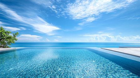 Swimming pool in luxury hotel resort with sea view and blue sky