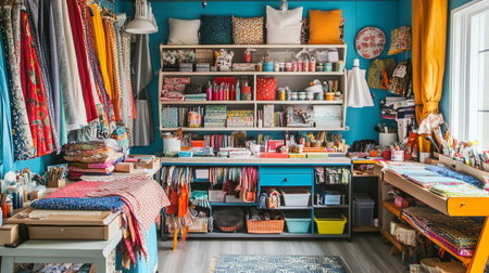 Sewing and tailoring studio with a lot of colorful fabrics