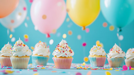Birthday cupcakes with colorful balloons and confetti on blue background