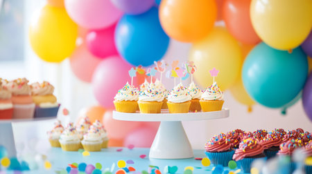 Birthday cupcakes decorated with colorful buttercream frosting and balloonsの写真素材