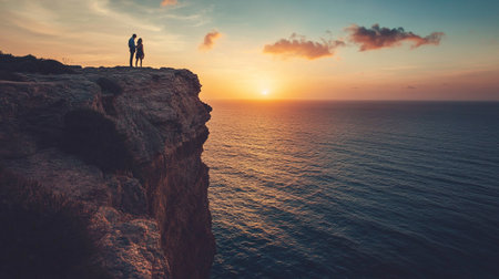 Romantic couple standing on a cliff and looking at the sunset.の写真素材