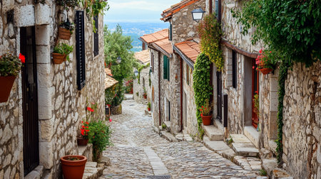 A narrow street among the old houses of Budva, Montenegroの写真素材